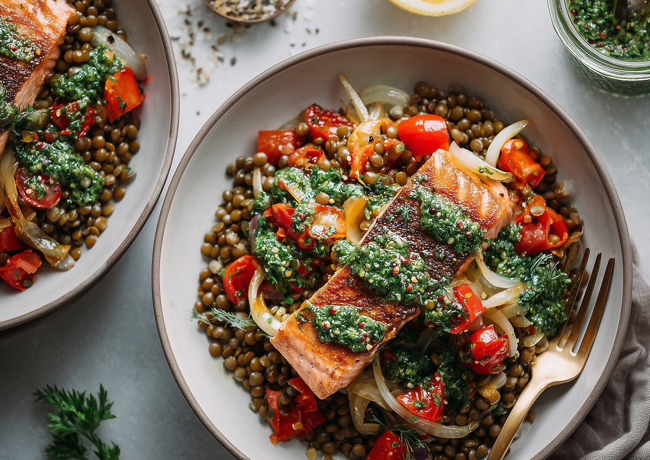 Lentil Bowl with Salmon and Chimichurri Sauce